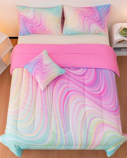 4 Pcs Pink Full Comforter Set for Girls, Tie Dye Superior Kids Teen Bedding Sets, Blue Pink Rainbow Full Size Bedding Set for Girls - LeafyLoom