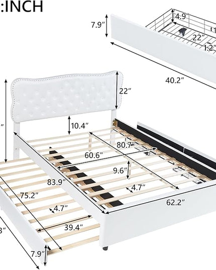 Queen Size Linen Upholstery Platform 2 Storage Drawers and Trundle,Solid Pine Wood Bedroom Bed Frame w/Headboard & Slat Support,for Kids Teens Adults,White - LeafyLoom