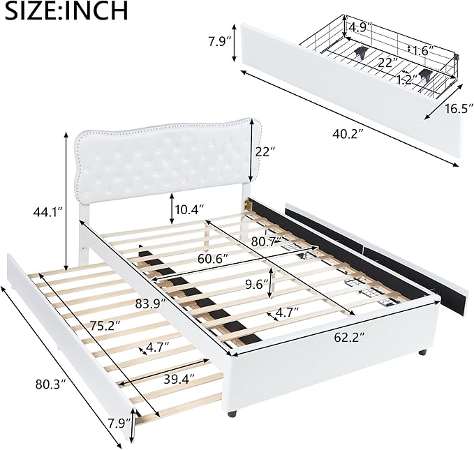 Queen Size Linen Upholstery Platform 2 Storage Drawers and Trundle,Solid Pine Wood Bedroom Bed Frame w/Headboard & Slat Support,for Kids Teens Adults,White - LeafyLoom
