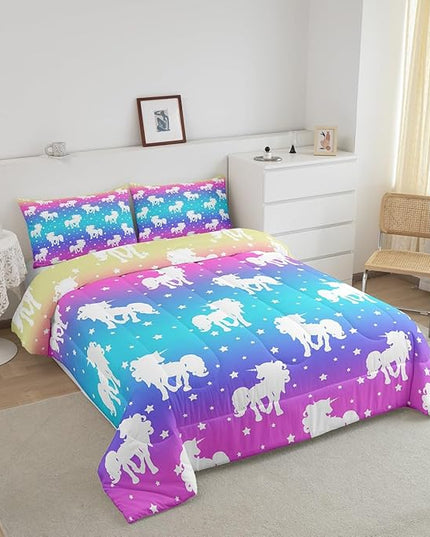 2 Piece Unicorn and Stars Bedding Set King Size,Tie Dye Pastel Comforter Sets Rainbow Printed Duvet Sets for Kids Girls Teens,Girly Sweet Colorful Down Comforter Bedroom Decor with 2 Pillow Cases - LeafyLoom