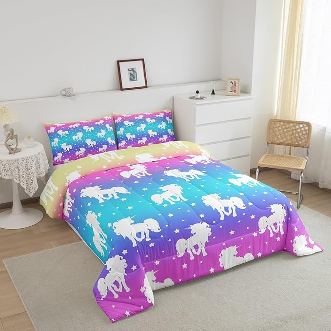 2 Piece Unicorn and Stars Bedding Set Twin Size,Tie Dye Pastel Comforter Sets Rainbow Printed Duvet Sets for Kids Girls Teens,Girly Sweet Colorful Down Comforter Bedroom Decor with 1 Pillow Case - LeafyLoom