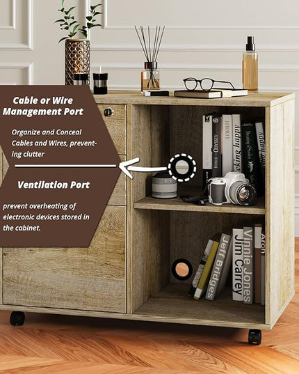 Maxtown Wood Filing Cabinet, Mobile Lateral Filing Cabinet with Lock, 3 Drawer Filing Cabinet with Open Storage Shelves, Printer Stand for Home Office, Walnut - LeafyLoom