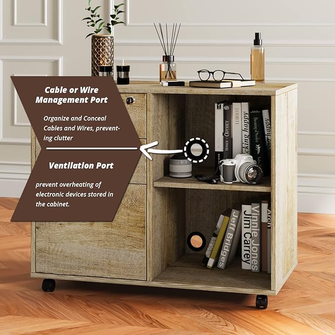 Maxtown Wood Filing Cabinet, Mobile Lateral Filing Cabinet with Lock, 3 Drawer Filing Cabinet with Open Storage Shelves, Printer Stand for Home Office, Walnut - LeafyLoom