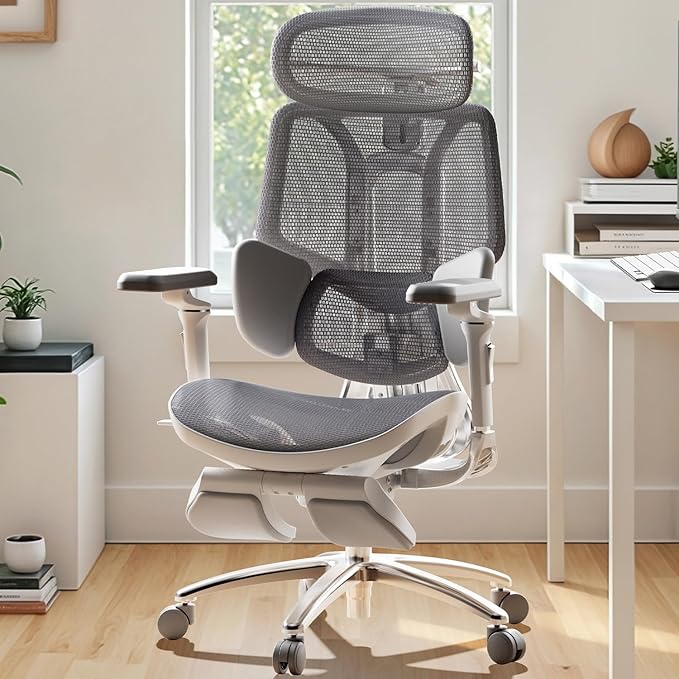 Hbada E3 Ergonomic Office Chair Ultra, Big and Tall Office Chair - with 3-Zone Dynamic Lumbar Support, 360° Mechanical Armrests, 4D Adjustable Headrest, Aluminum Alloy, Premium Mesh, Grey - LeafyLoom
