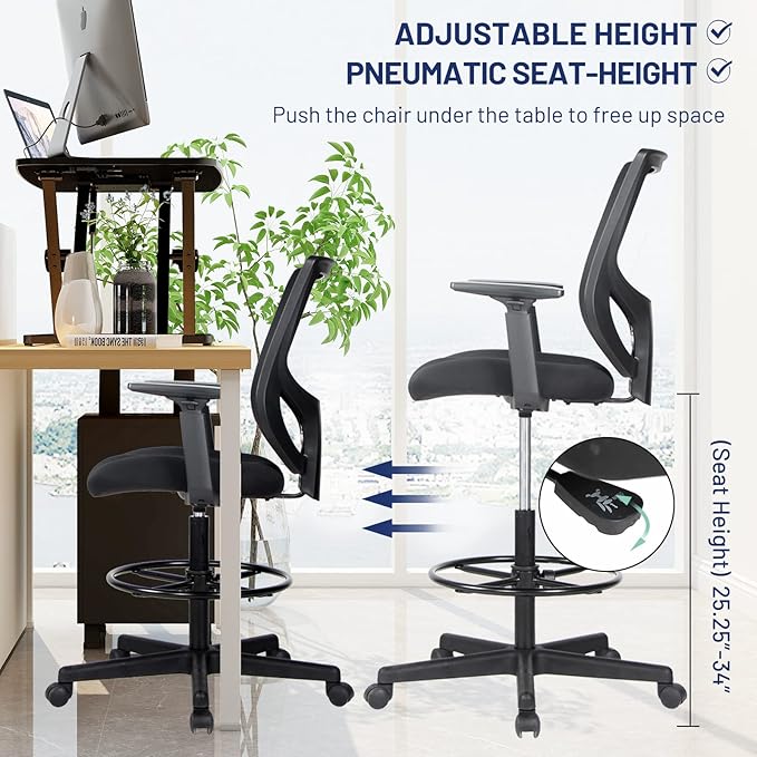 Tall Office Chair, Drafting Chair, High Adjustable Standing Desk Chair, Ergonomic Mesh Computer Task Table Chairs with Adjustable Armrests and Foot-Ring for Standing Desk and Bar Height Desk - LeafyLoom