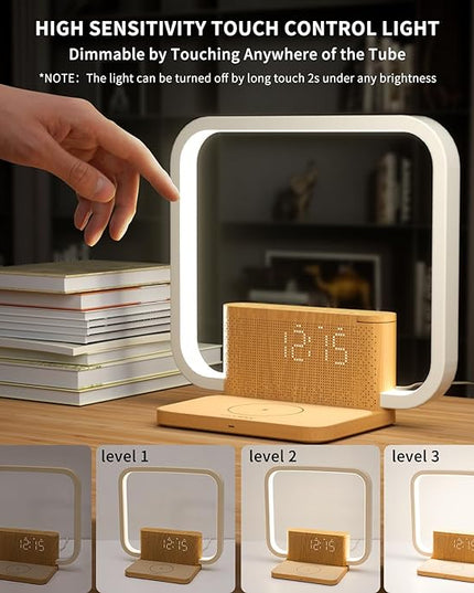 Touch Lamp with Alarm Clock Wireless Charging 3 Level Dimmable Bedside Lamps for Bedroom Living Room,Sunrise Clock LED Wake-up Light with Natural White Noise Sound Desk Lamp for Reading Office. - LeafyLoom