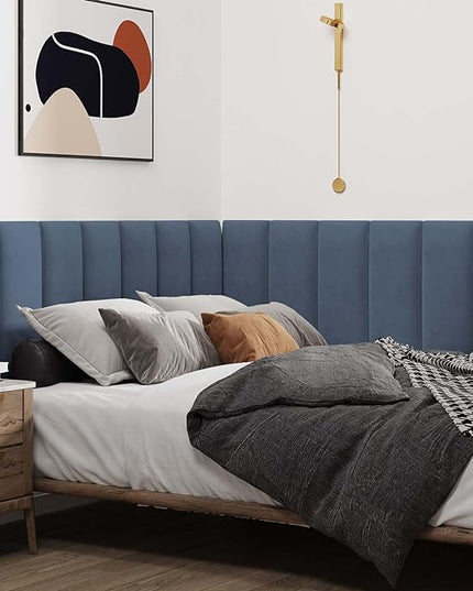 Wall Mounted Upholstered Headboard Queen, 3D Peel and Stick Soundproof Wall Panels, Reusable and Removable Padded Headboard Leather Bed Headboard, 9 Panels Headboard 9.84" x 23.62", Navy Blue - LeafyLoom