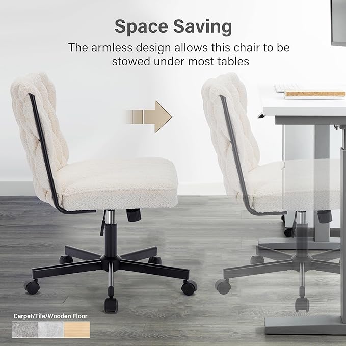 Criss Cross Legged Office Desk Chair with Wheels, Modern Armless Desk Chair with Wide Seat, Home Office Chair for Work, Meditation, Vanity, Beige - LeafyLoom