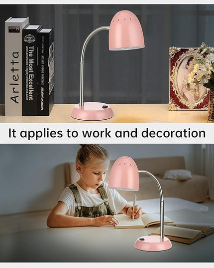 Eye-Caring Table Lamp of Simple Designs Home E26 Led Screw Basic Metal Desk Lamp with Flexible Gooseneck Hose Neck Study Lamp for Bedroom Office Living Room Convenient On/Off Switch(Pink) - LeafyLoom