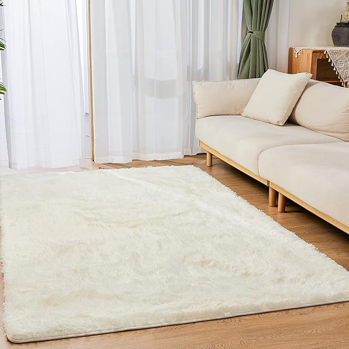 YOBATH Fluffy Shag Area Rug, Rugs for Bedroom 4x6 Feet, Plush Shaggy Rug for Living Room, Indoor Modern Bedside Rug for Kids Girls Boys Room, Shag Carpet for Dorm Nursery Room, Cream White - LeafyLoom
