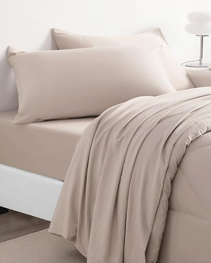 NTBAY Twin Comforter Set with Sheets, 5 Pieces Soft and Breathable Twin Bedding Set, Twin Bed in a Bag, Down Alternative Comforter Set Solid Color All Season, Kids Bedding Set, Taupe - LeafyLoom