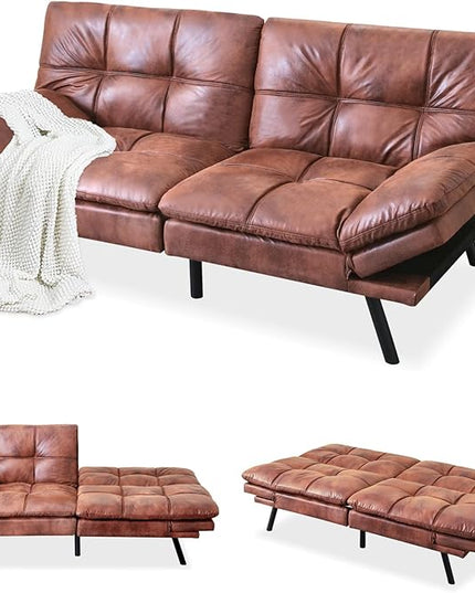 MUUEGM Faux Leather Futon Sofa Bed, Convertible Memory Foam Couch Bed, Modern Love Seat for Living Room,Compact Space,Apartment,Office,Adjustable Backrests Armrests Couch Sleeper,71" Brown - LeafyLoom
