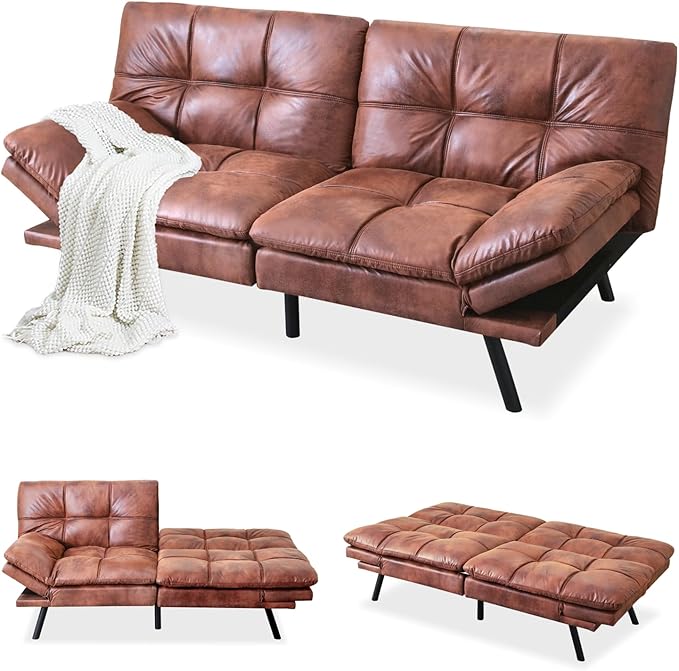 MUUEGM Faux Leather Futon Sofa Bed, Convertible Memory Foam Couch Bed, Modern Love Seat for Living Room,Compact Space,Apartment,Office,Adjustable Backrests Armrests Couch Sleeper,71" Brown - LeafyLoom