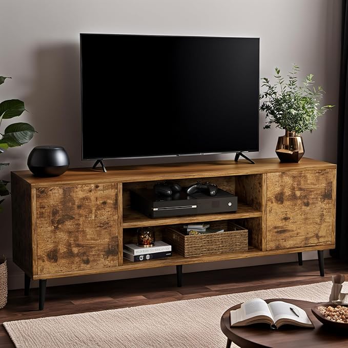 YESHOMY Modern Retro TV Stand for Television up to 65", Entertainment Center with Two Storage Cabinet and Shelf, Media Console for Living Room, Bedroom, Enterway, Office, 58 Inch, Retro Brown - LeafyLoom
