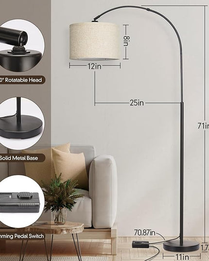 Dimmable Floor Lamp, Arc Floor Lamp with Dimmer, Black Standing Lamp with Adjustable Hanging Shade, Over Couch Tall Reading Light, Modern Pole Lamp for Living Room Bedroom, 9W LED Bulb Included - LeafyLoom