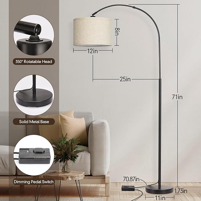 Dimmable Floor Lamp, Arc Floor Lamp with Dimmer, Black Standing Lamp with Adjustable Hanging Shade, Over Couch Tall Reading Light, Modern Pole Lamp for Living Room Bedroom, 9W LED Bulb Included - LeafyLoom