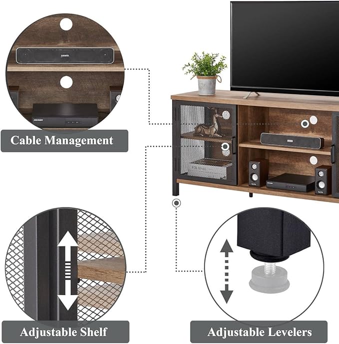 FATORRI Industrial Entertainment Center for TVs up to 65 Inch, Rustic Wood TV Stand, Large TV Console and TV Cabinet for Living Room (60 Inch Wide, Rustic Oak) - LeafyLoom