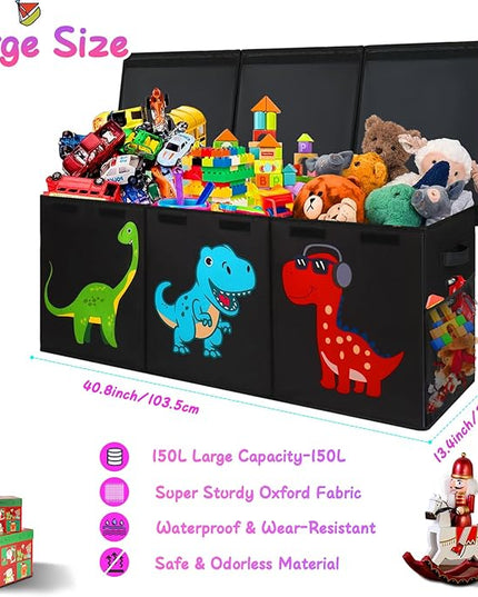 Extra Large Toy Box, Collapsible Sturdy Toy Storage Organizer with Lids, Dinosaur Toy Box for Boys Girls, 41"x14"x16" Kids Toy Chest Bin Box Baskets for Living Room, Playroom, Bedroom, Nursery, Black - LeafyLoom