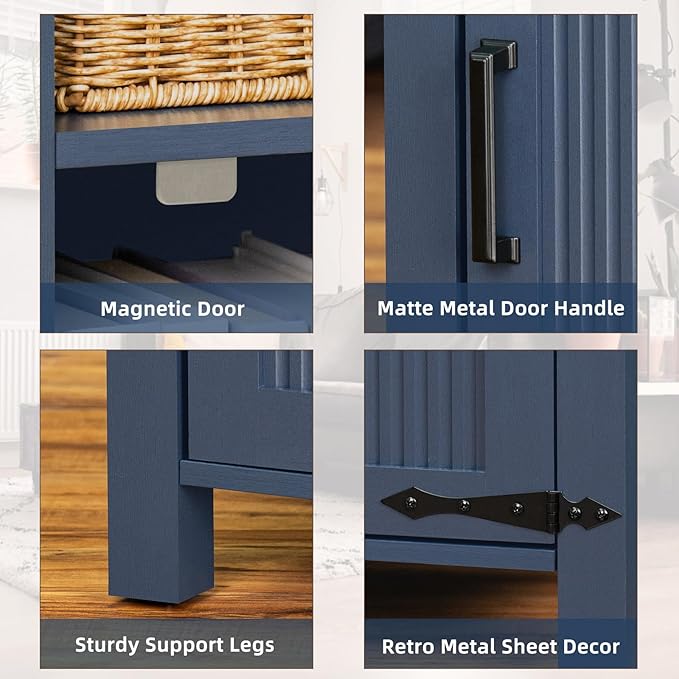 Night Stand with Charging Station and USB Port, 18 Inch Farmhouse Nightstand with Storage Shelf, Rustic Couch End Table with Magnetic Door, Wood Bed Side Tables for Bedroom, Home, Nayv Blue - LeafyLoom