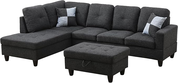 ROOMTEC Modern L Shaped Sectional Sofa Set with Storage Ottoman, Left Facing Chaise Longue, Reversible Backrest w/ 2 Cup Holders, Linen Tufted Cushions, for Living Room, Black Grey - LeafyLoom