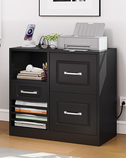 YITAHOME 3 Drawer File Cabinet, Filing Cabinet with Charging Station, Printer Stand with Open Storage Shelves, Fits for A4, Letter, Legal Size Files, Black - LeafyLoom
