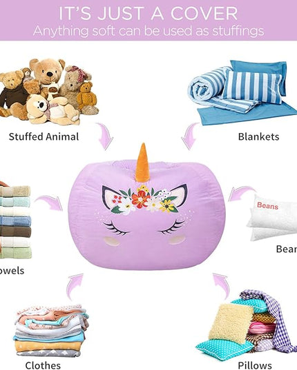 Aubliss Stuffed Animal Storage, Velvet Bean Bag Chairs Cover, Large 32" Ultra Soft Kids Toy Storage Organizer for Blankets Towels Clothes, Purple Floral - LeafyLoom
