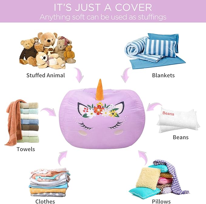 Aubliss Stuffed Animal Storage, Velvet Bean Bag Chairs Cover, Large 32" Ultra Soft Kids Toy Storage Organizer for Blankets Towels Clothes, Purple Floral - LeafyLoom