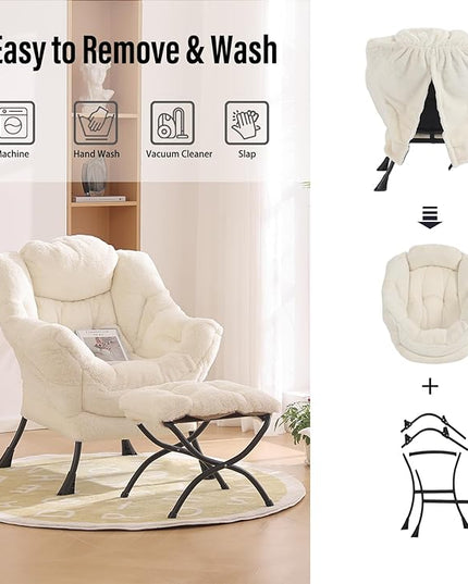 Lazy Chair with Ottoman, Modern Chair with Folding Footrest, Lounge Accent Chair, Comfortable Reading Chair for Bedroom, Study, Living Room, Courtyard (Plush Beige) - LeafyLoom