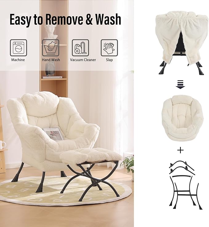 Lazy Chair with Ottoman, Modern Chair with Folding Footrest, Lounge Accent Chair, Comfortable Reading Chair for Bedroom, Study, Living Room, Courtyard (Plush Beige) - LeafyLoom