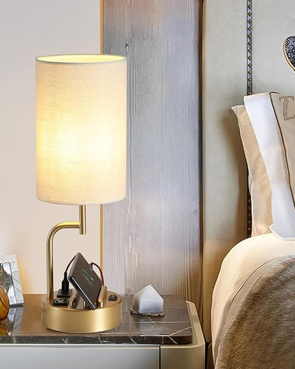 Dreamholder Table Lamp with 3 USB Charging Ports, Modern Desk Lamp with AC Outlet and Phone Stands, Perfect Bedside Lamp for Bedroom, Living Room, Office (Pack of 2), Gold - LeafyLoom