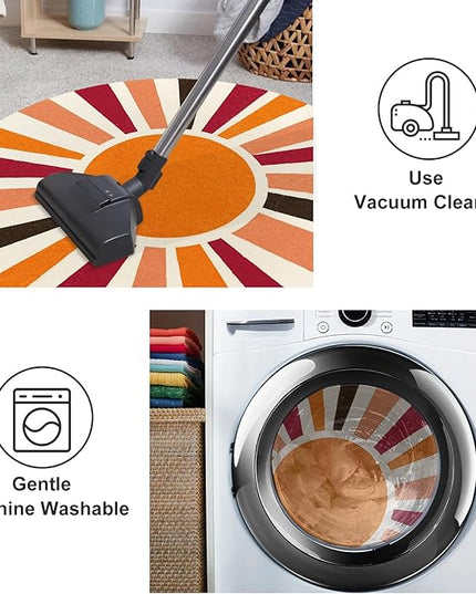 Round Washable Rug 4 Ft Small Round Rug for Kids Room, Orange Sun Circle Rug for Playroom, Non-Slip Circular Office Carpet Soft Rainbow Rug for Bedroom Reading Corner Dorm - LeafyLoom