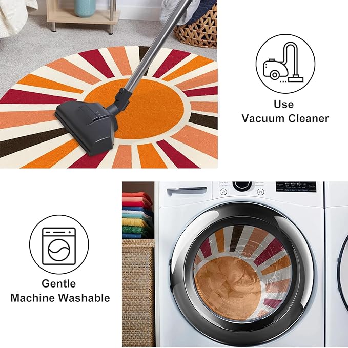 Round Washable Rug 4 Ft Small Round Rug for Kids Room, Orange Sun Circle Rug for Playroom, Non-Slip Circular Office Carpet Soft Rainbow Rug for Bedroom Reading Corner Dorm - LeafyLoom