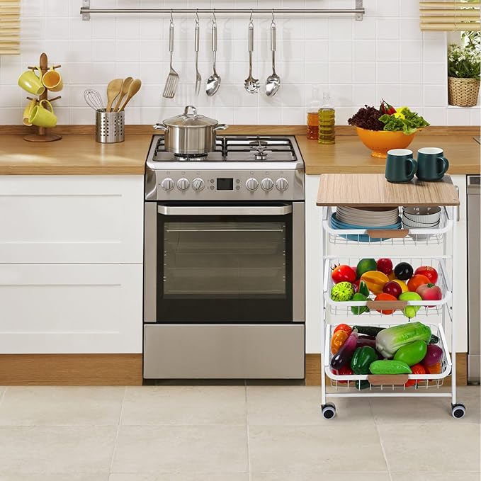 Kitchen Storage Rolling Cart on Wheels, 4 Tier Metal Rolling Utility Cart Mesh Basket Pantry Cart Rack with Wooden Tabletop for Fruit Vegetable Onion Potato Storage, White - LeafyLoom
