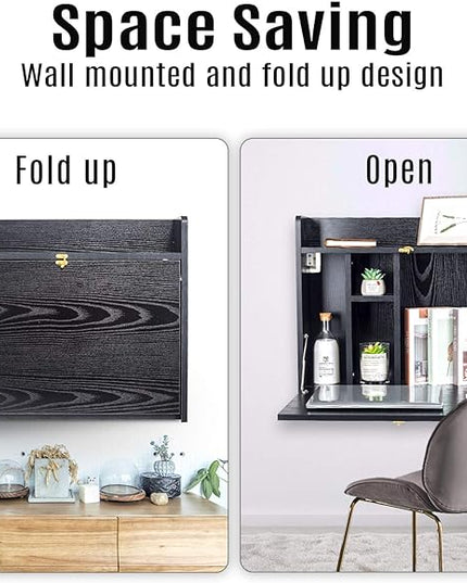 YU YUSING Wall Mounted Table, Multifunctional Fold Down Wall Mounted Laptop Computer Desk with Storage Compartments for Home, Office (Black) - LeafyLoom