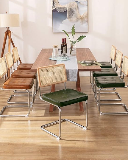 Zesthouse Mid-Century Modern Dining Chairs, Upholstered Tufted Faux Leather Accent Chairs Rattan Dining Chairs Set of 2, Armless Mesh Back Cane Chairs with Metal Chrome Legs, Green - LeafyLoom