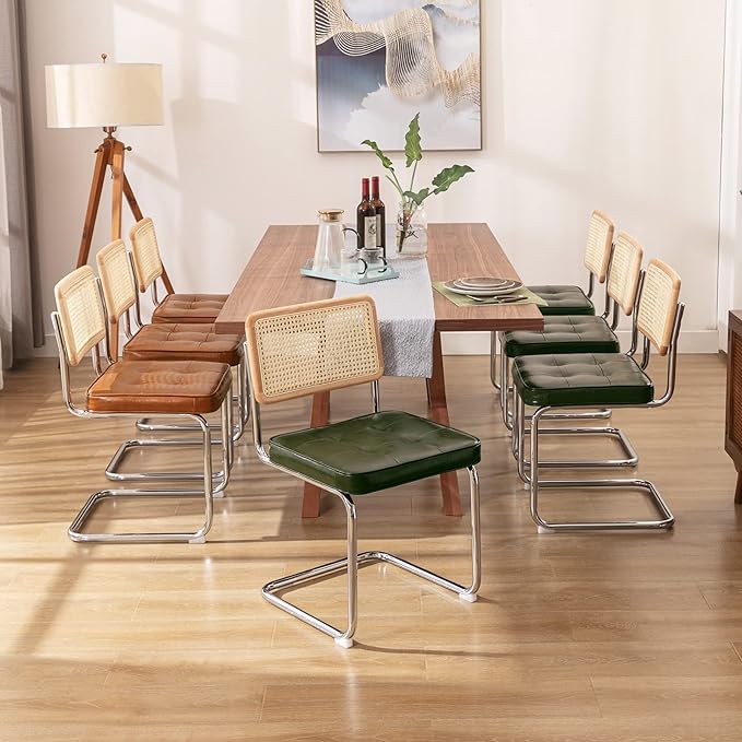Zesthouse Mid-Century Modern Dining Chairs, Upholstered Tufted Faux Leather Accent Chairs Rattan Dining Chairs Set of 2, Armless Mesh Back Cane Chairs with Metal Chrome Legs, Green - LeafyLoom