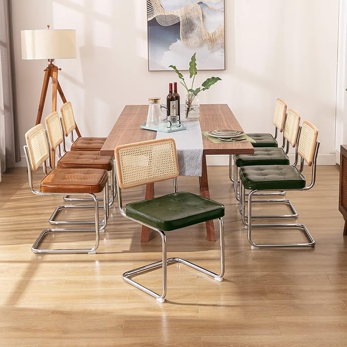 Zesthouse Mid-Century Modern Dining Chairs 4 Pcs, Accent Rattan Kitchen Chairs, Armless Mesh Back Cane Chairs, Upholstered Leather Chairs with Metal Chrome Legs, Green - LeafyLoom