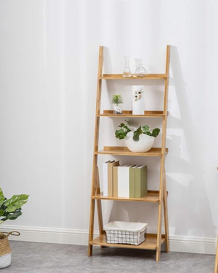Bookshelf & 5-Tier Bamboo Ladder Shelf & 59.4” Book Shelf Bookcase Floor Freestanding Multipurpose Bamboo Storage Rack Furniture for Home Office, Living Room, Kitchen, Office（Natural） - LeafyLoom