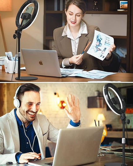 Video Conference Lighting for Laptop Computer, 10.5'' Selfie Ring Light with Stand and Phone Holder for Remote Working, Zoom Meeting Calls, Webcam Lighting, Live Streaming, Video Recording - LeafyLoom