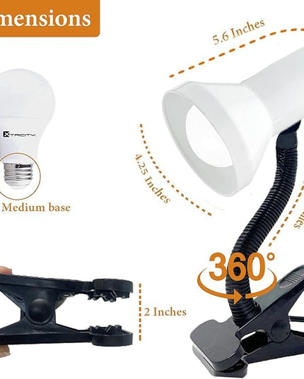 Xtricity clamp Light, Clip on Desk lamp with Adjustable Gooseneck, Clip lamp for Bed 6W A19 LED Bulb Included, 120V, Convenient On/Off Switch, White Finish - LeafyLoom
