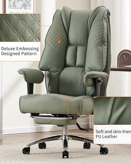 Big and Tall Office Chair 400lbs Wide Seat, Leather High Back Executive Office Chair with Foot Rest, Ergonomic Office Chair Lumbar Support for Lower Back Pain Relief (Light Green) - LeafyLoom
