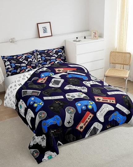 Erosebridal Boys Gamer Comforter Set Queen Size, Modern Game Down Comforter for Kids Teens Children, Video Game Bedding Set,Player Gaming Gamepad Joystick Soft Quilt Duvet Set, Room Decor - LeafyLoom