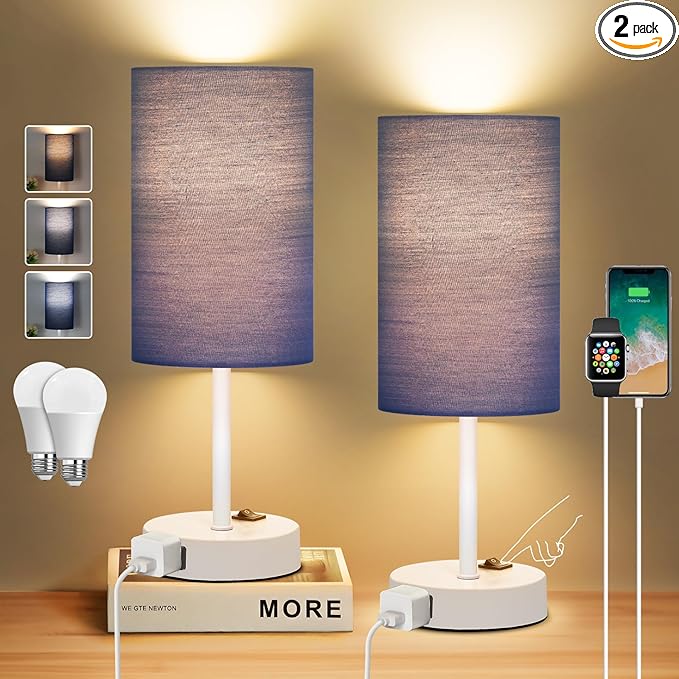 ZJOJO Small Lamp Set of 2 Table Lamps with 2 AC Outlet, 3-Way Dimmable Nightstand Lamps for Bedroom Living Room Nursery, Bedside lamps set of 2 5000K Daylight Bulbs Included - LeafyLoom