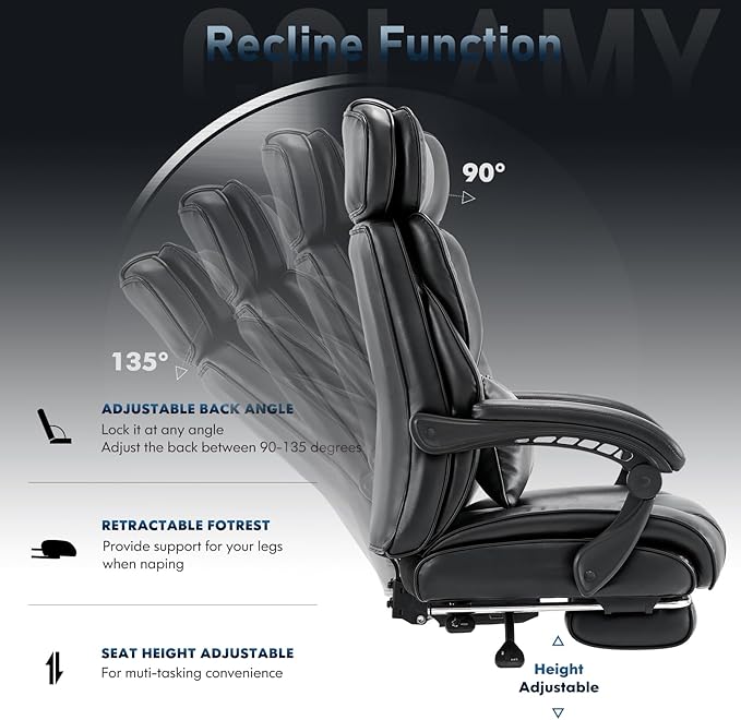 Executive Office Chair with Footrest, Ergonomic High Back Desk Chair, Computer Chair with Adjustable Headrest, Height, Tilt Lock, Extra Lumbar Support Pillow for Comfort, Large Home Office Chair-Black - LeafyLoom