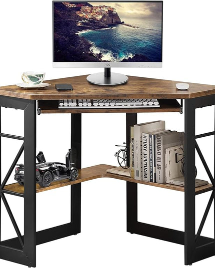 VECELO Corner Computer Desk Writing Smooth Keyboard Tray & Storage Shelves,Compact Home Office Triangle Table, Antique Brown - LeafyLoom