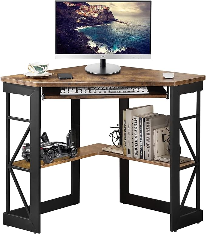 VECELO Corner Computer Desk Writing Smooth Keyboard Tray & Storage Shelves,Compact Home Office Triangle Table, Antique Brown - LeafyLoom