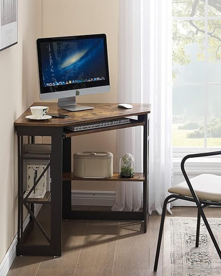 VECELO Corner Computer Desk 41 x 30 inches with Smooth Keyboard & Storage Shelves for Home Office Workstation, Antique Brown - LeafyLoom