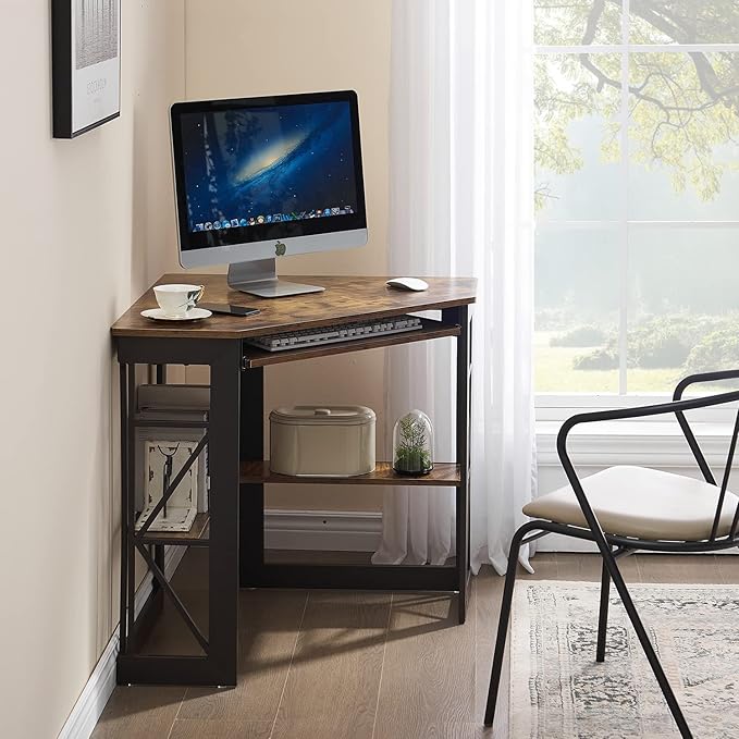 VECELO Corner Computer Desk 41 x 30 inches with Smooth Keyboard & Storage Shelves for Home Office Workstation, Antique Brown - LeafyLoom