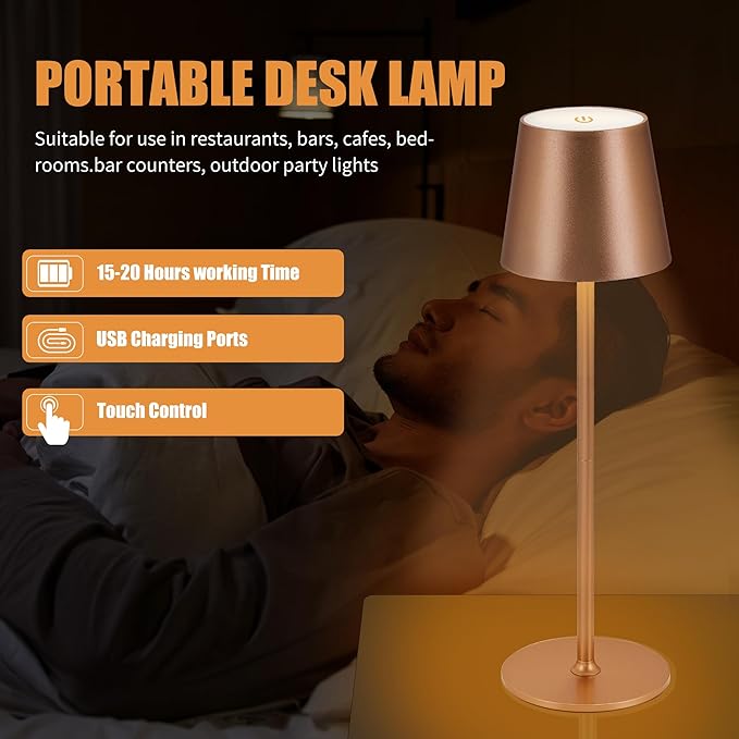 Cordless Table Lamps USB Rechargeable Simplicity Desk Lamp Built-in 4600 mAh Battery LED Battery Operated lamp with Touch Control Table lamp - Bedroom/Desk/Reading/Patio(Brown) - LeafyLoom
