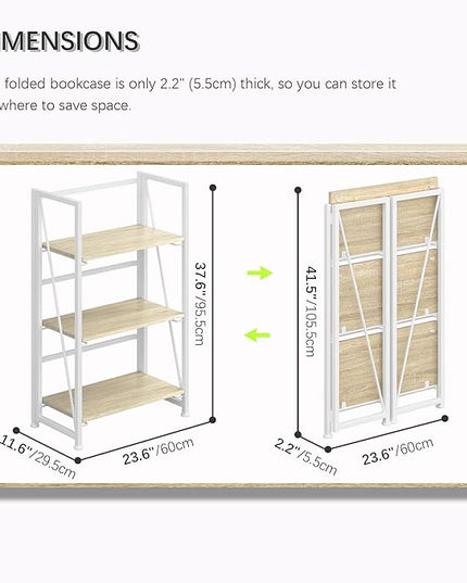 4NM No-Assembly Folding Bookshelf Storage Shelves 3 Tiers Vintage Bookcase Standing Racks Study Organizer Home Office (Natural and White) - LeafyLoom